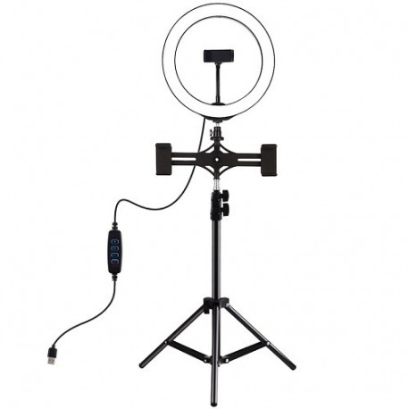 LED Ring Lamp 26cm With Desktop Tripod Mount Up to 1.1m and 3 Phone Clamps, USB