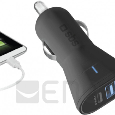 SBS autolaadija 10W USB-C 3A/USB-A 2,1A, must