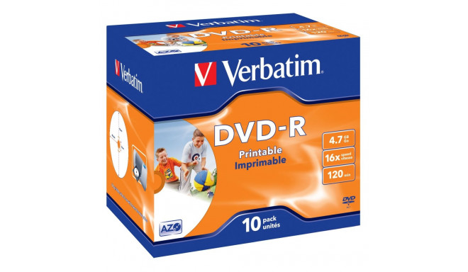 DVD-R Verbatim 4,7GB 120min 16x Jewel 10, 10 toorikut tavapakendis  Wide Inkjet Printable, AZO Prote