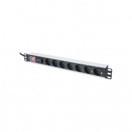 19" Steckdosenleiste mit Aluminiumprofil, 7-fach, 1HE (2 Meter Kabel, Überspannungsschutz, Schalter)