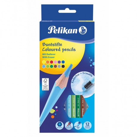 Pelikan värvipliiats, kustutatav, kuusnurkne, SOFT, 12 värvi