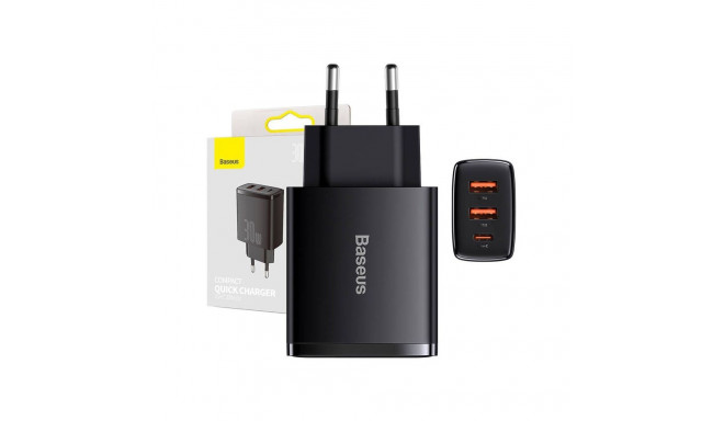 Baseus Charger Baseus Compact Quick Charger, 2xUSB, USB-C, PD, 3A, 30W (czarna)
