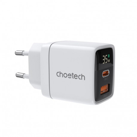 Choetech Choetech PD6052 USB-C USB-A PD 35W GaN wall charger with display - white