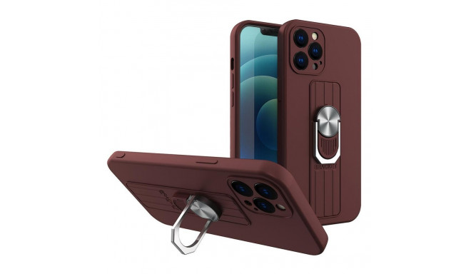 Hurtel Ring Case silicone case with finger grip and stand for iPhone 13 mini brown