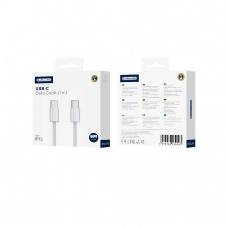 Jellico IP15 Woven Cotton iPhone 15 / 16 USB-C to USB-C Data & Fast PD 60W Charger Cable 1m White