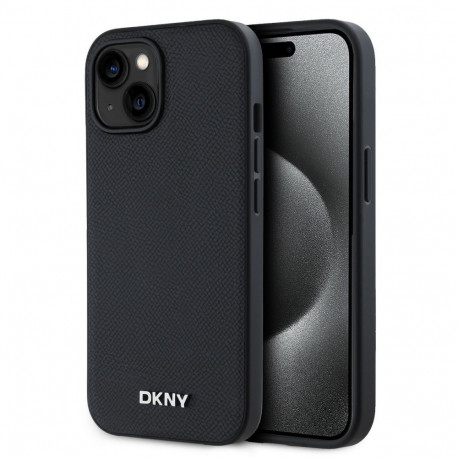DKNY - DKNY PU Leather Silver Metal Logo Magsafe Case for iPhone 15 Black