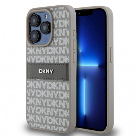 DKNY - DKNY PU Leather Repeat Pattern Tonal Stripe Case for iPhone 15 Pro Beige
