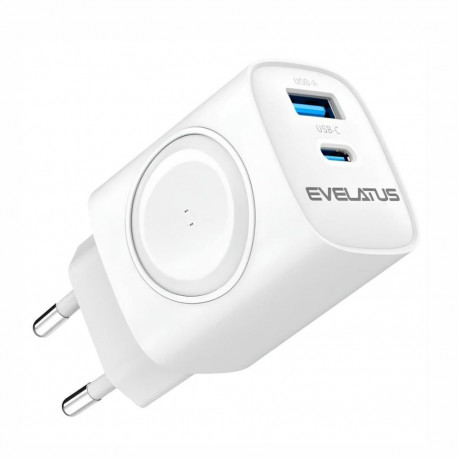 Evelatus 2 in 1 Charger 20W Max USB-C+USB-A:15W Max USB-C+USB-A+Wireless:15W+2W 17W Max White
