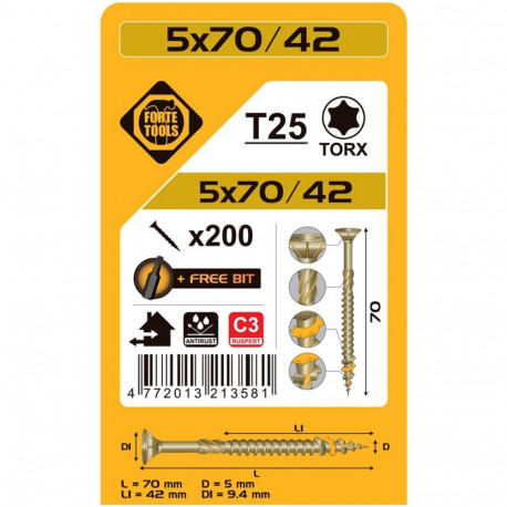 CHIPBOARD SCR T25 5.0X70/42 RSP(200)