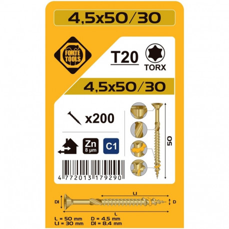 CHIPBOARD SCR T20 4.5X50/30 YELL ZN(200)