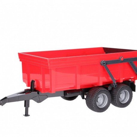 A bright red hydraulic tipping trailer, often used in agriculture or construction for hauling and un