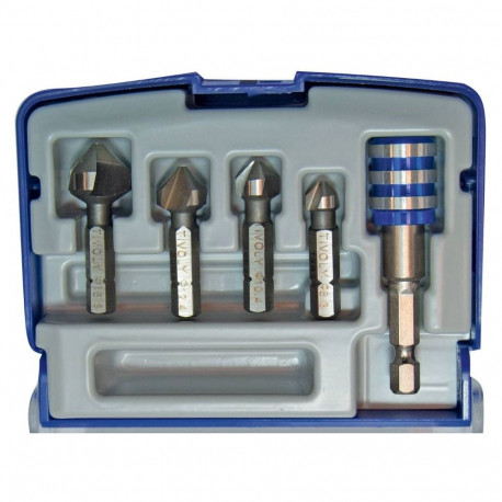 Set of 4 Countersinks + magnetic bit holder. HSS, ØD=8,3-16,5mm.  Bright, uncoated, 1/4" hex shank "