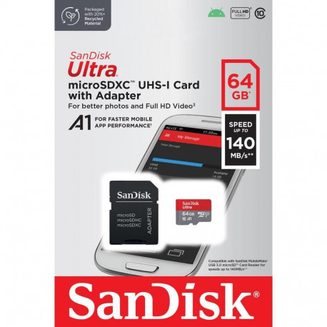 SanDisk mälukaart microSDXC 64GB Ultra Android 140MB/s A1 C10 UHS-I + adapter