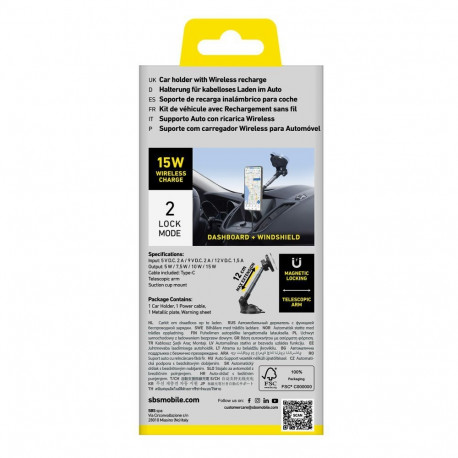 SBS Telescopic smartphone holder with inductive charger SBS TESUPPMAG15WLONGARM with suction cup, co