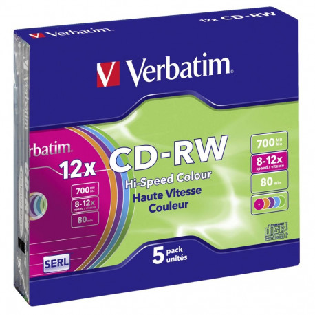 1x5 Verbatim CD-RW 80 / 700MB 10x kiirus, värviline, õhuke