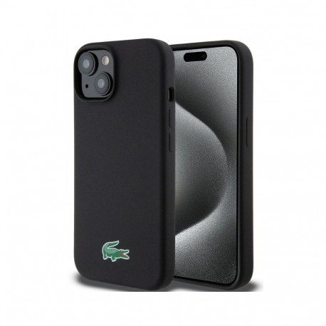 Lacoste Apple iPhone 15 6.1 Liquid Silicone Microfiber Croc Logo Magsafe Back Cover Black