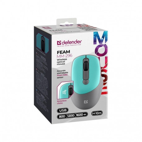 Computer Mouse - Defender MOUSE DEFENDER FEAM MM-296 1600 DPI Wireless Silent Mint