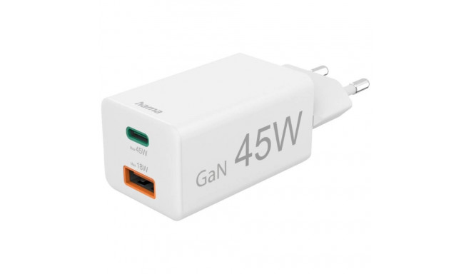 Hama Mini Adapter 45W GaN USB-C + USB-A White
