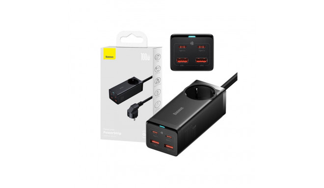 Baseus GaN3 Pro seinalaadija / pikendusjuhe 2xUSB + 2xUSB-C + AC, 100W (must)