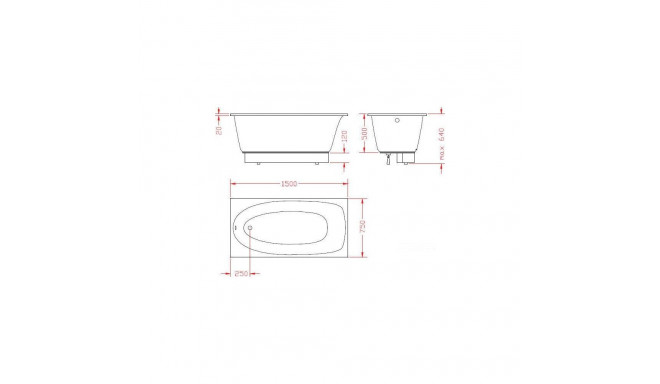 BATHTUB UNO 150X75 SMALL PANEL, DRAIN