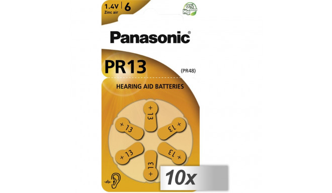 10x1 Panasonic PR 13 Hearing Aid Batteries Zinc Air 6 pcs.