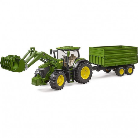 John Deere 7R 350 03155 frontaallaaduri ja tandemteljelise transpordihaagisega, roheline