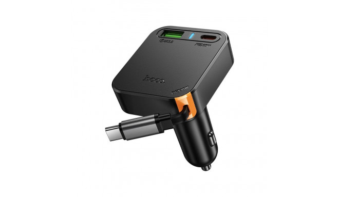 Car charger Hoco wit retractable cable 2 x USB C + USB A QC PD 65W NZ18 black