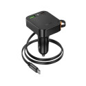 Car charger Hoco wit retractable cable 2 x USB C + USB A QC PD 65W NZ18 black