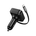 Car charger Hoco wit retractable cable 2 x USB C + USB A QC PD 65W NZ18 black