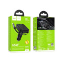 Car charger Hoco wit retractable cable 2 x USB C + USB A QC PD 65W NZ18 black