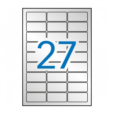 Etikett iseliimuv APLI 63,5x29,6mm, hõbe polüester, ilmastikukindel, 27 tk A4 lehel, 20 l/pk,  Ref.1
