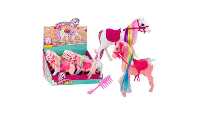 Figurka Koń Z Kolorową Grzywą Różowe Siodło Szczotka Farma Biały Różowy