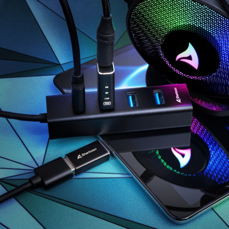 USB-jaotur 4-Port USB 3.2 Gen 1 alumiiniumist, must