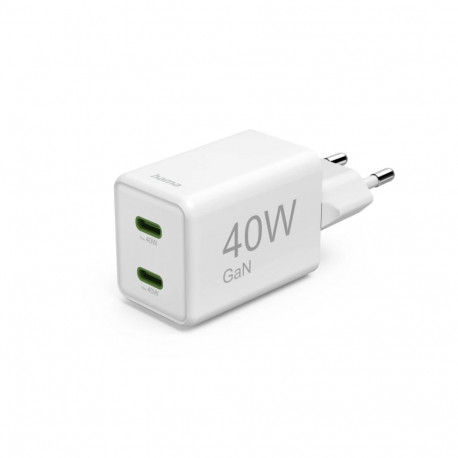 USB-laadija seinapesasse Hama Super-Mini - GaN 40W, 2xUSB-C Power Delivery (PD), white/valge