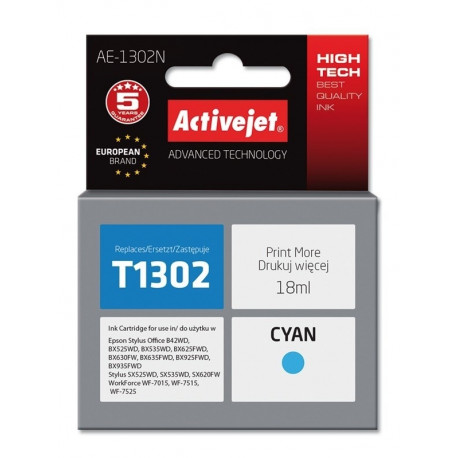 Activejet AE-1302N Ink (replacement for Epson T1302; Supreme; 18 ml; cyan)