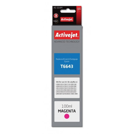Activejet AE-664M Ink Bottle (Replacement, Epson T6643; Supreme; 100 ml; Magenta)