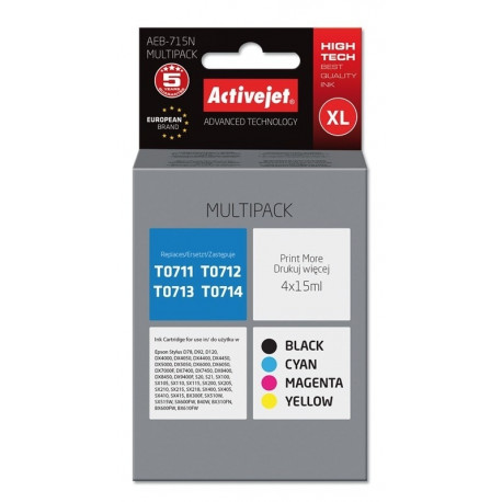 Activejet AEB-715N tindikassett (asendus Epson T0715; Supreme; 4 x 15 ml; must, magenta, tsüaan, kol