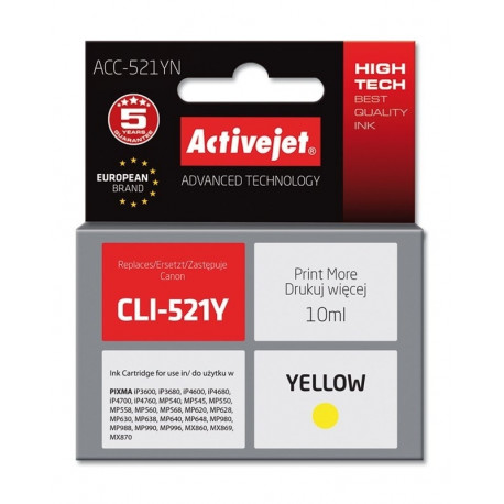 Activejet ACC-521YN Ink (replacement for Canon CLI-521Y; Supreme; 10 ml; yellow)