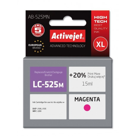 Activejet AB-525MN ink (replacement for Brother LC525M; Supreme; 15 ml; magenta). Prints 20% more th