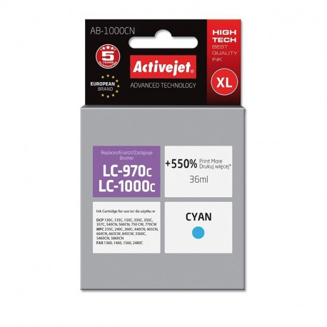 Activejet AB-1000CN tindikassett (asendus Brother LC1000C/970C jaoks; Supreme; 36 ml; tsüaan). Prind