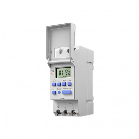 Electronic timer switch for DIN rail with batte