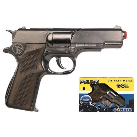 The GONHER 125/0 is a popular die-cast metal toy police pistol manufactured by Gonh