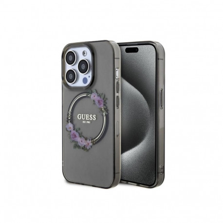 Guess Apple iPhone 15 Pro PC TPU Flowers Ring Glossy Logo MagSafe Transparent Black