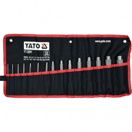 Yato YT-3591 Punch Set, 15pcs, 2-22mm, hardened carbon steel, knurled, polished, case