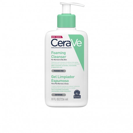 CERAVE GEL LIMPIADOR espumoso para piel normal y grasa con ácido hialurónico y niacinamida 236 ml