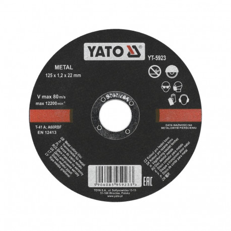 Yato Metal cutting disc YT-5923, 125mm, 22mm, 1.2mm, 12200rpm, 80m/s, flat, RBF