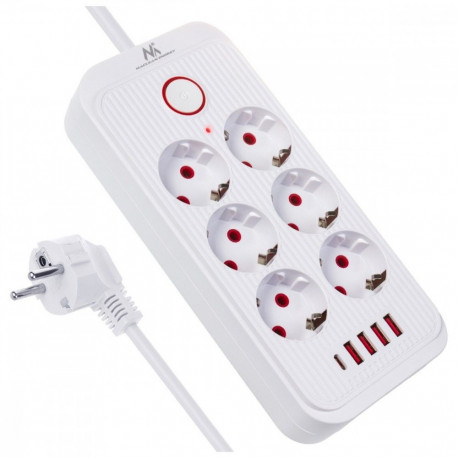 Power strip MCE391 W 6 sockets 4xUSB 110-240V AC 50/60Hz, 2.1A max 2500W, white
