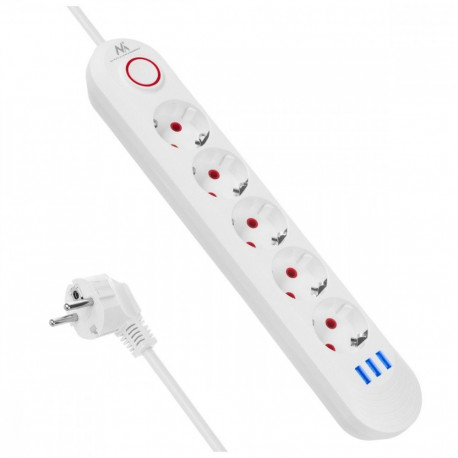 Power strip 5 sockets MCE395 W 3xUSB, 110-240v AC 50/60Hz, 2,1A max 2500W, white