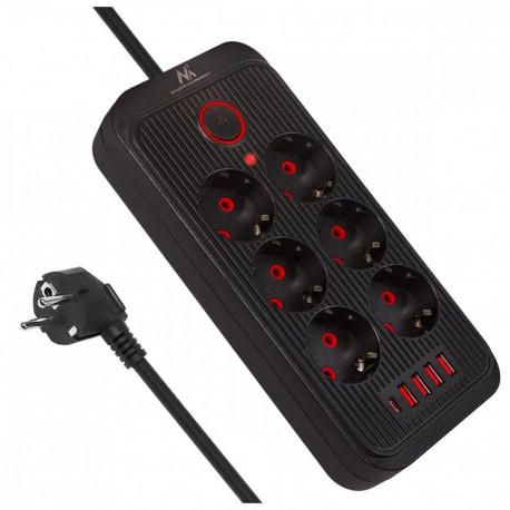 Pikendusjuhe MCE389 B 6 pesaga 4xUSB, 110-240V AC 50/60Hz, 2.1A max 2500W, must