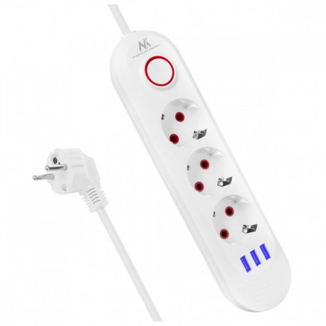 Pikendusjuhe MCE394W 3 pesa, 3xUSB, 110-240V AC 50/60, 2.1A max 2500W, valge